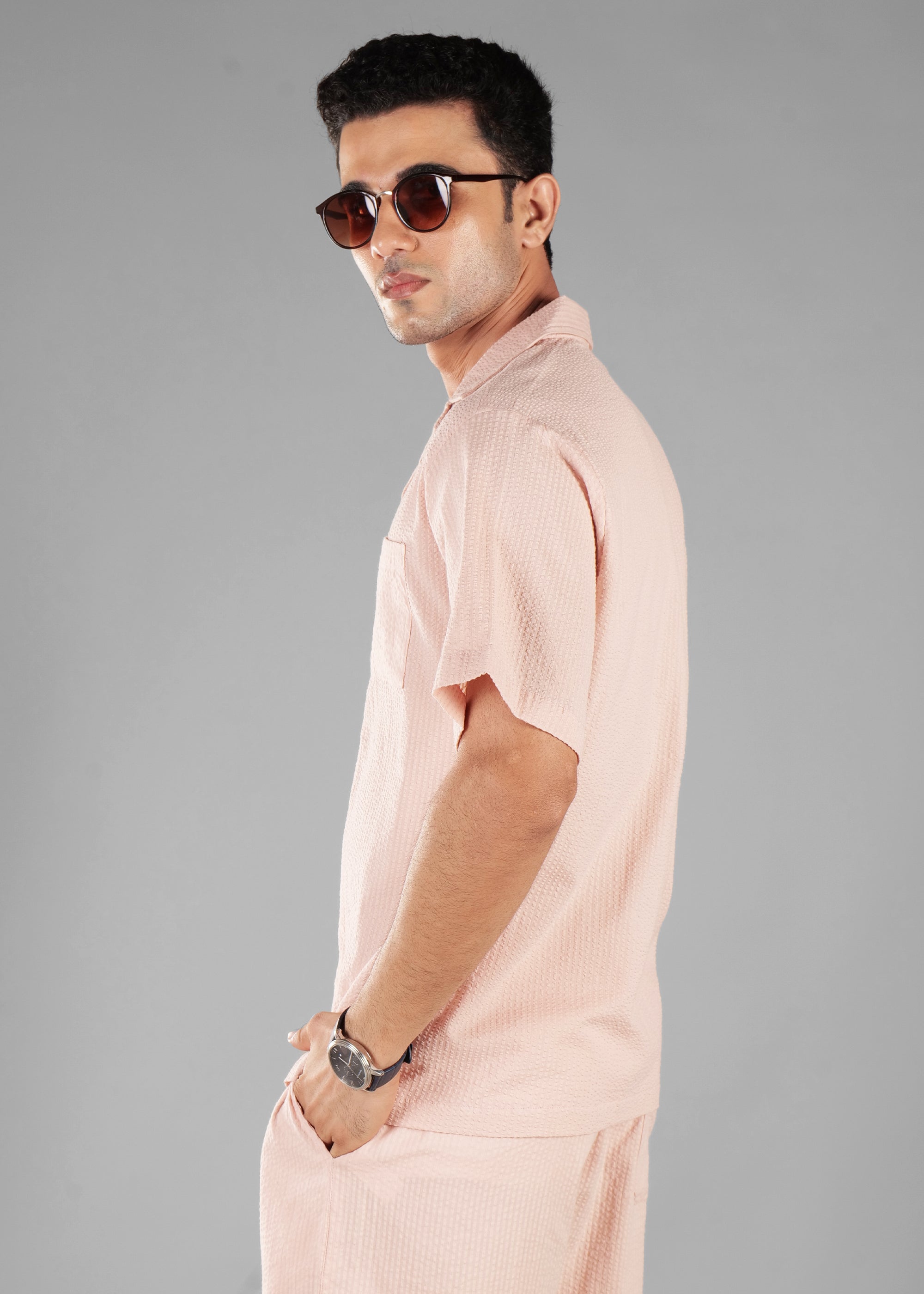 Rosy Brown Seersucker Textured Cuban Collar Shirt for Men