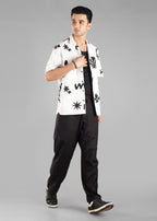 Black and White Printed Cuban Collar Shirt for Men