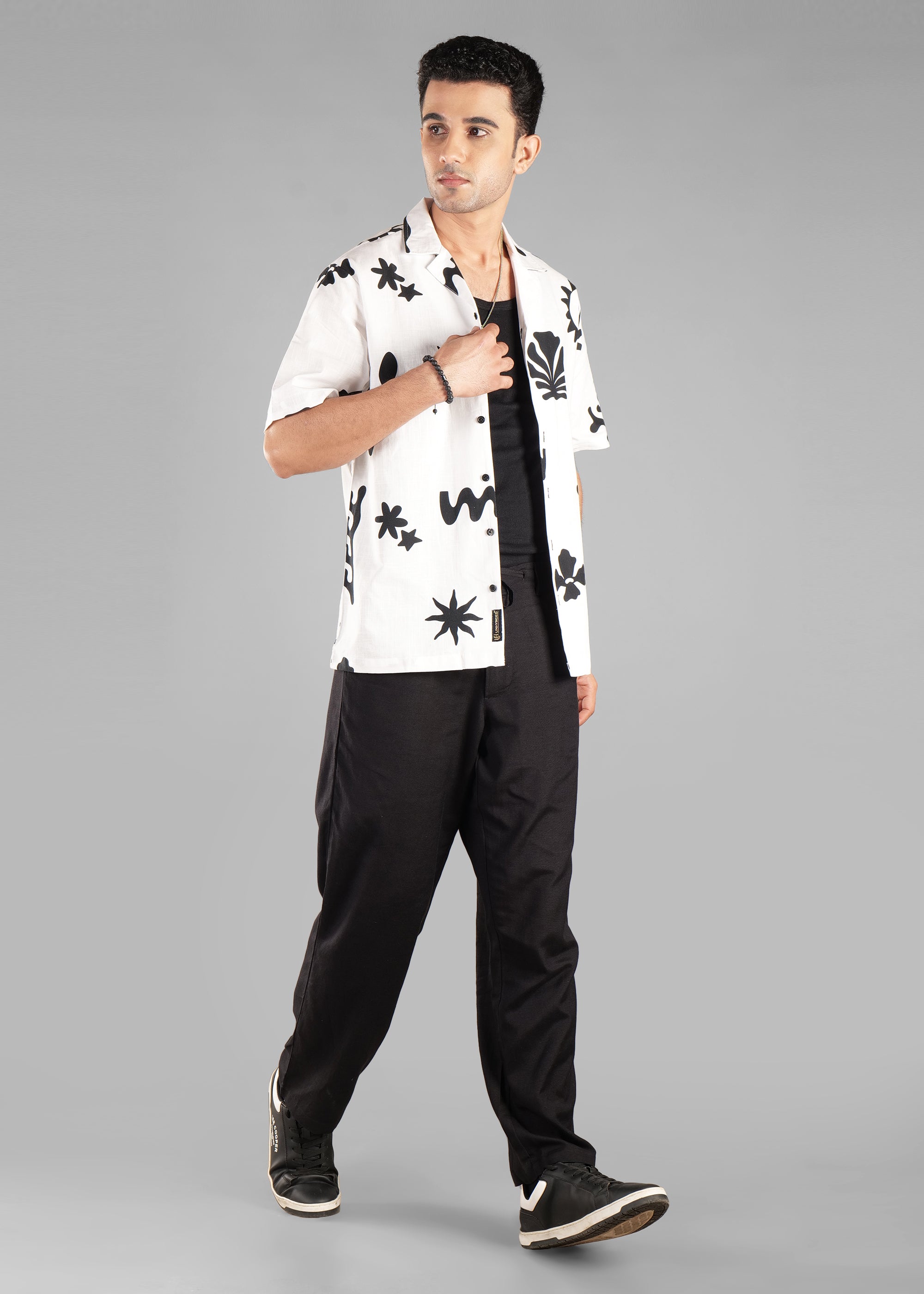 Black and White Printed Cuban Collar Shirt for Men