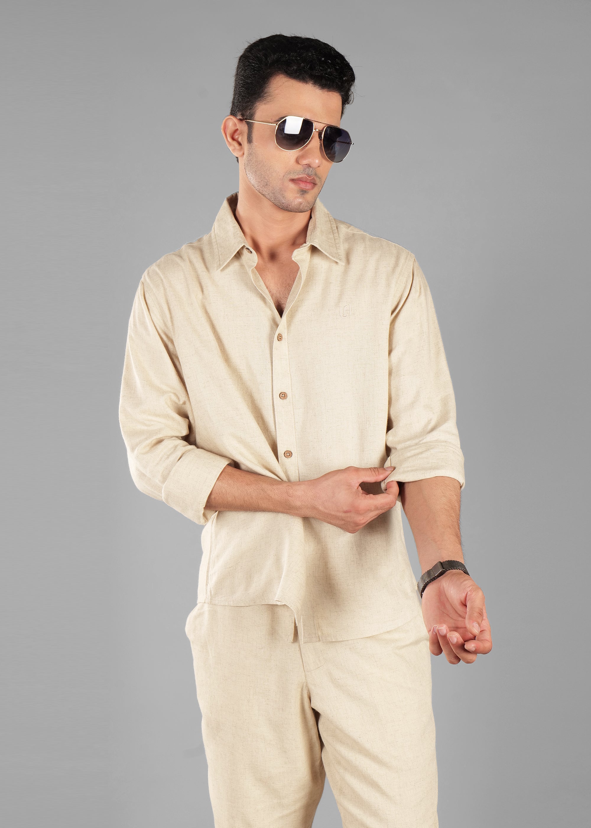 Beige Linen-Blend Classic Shirt for Men