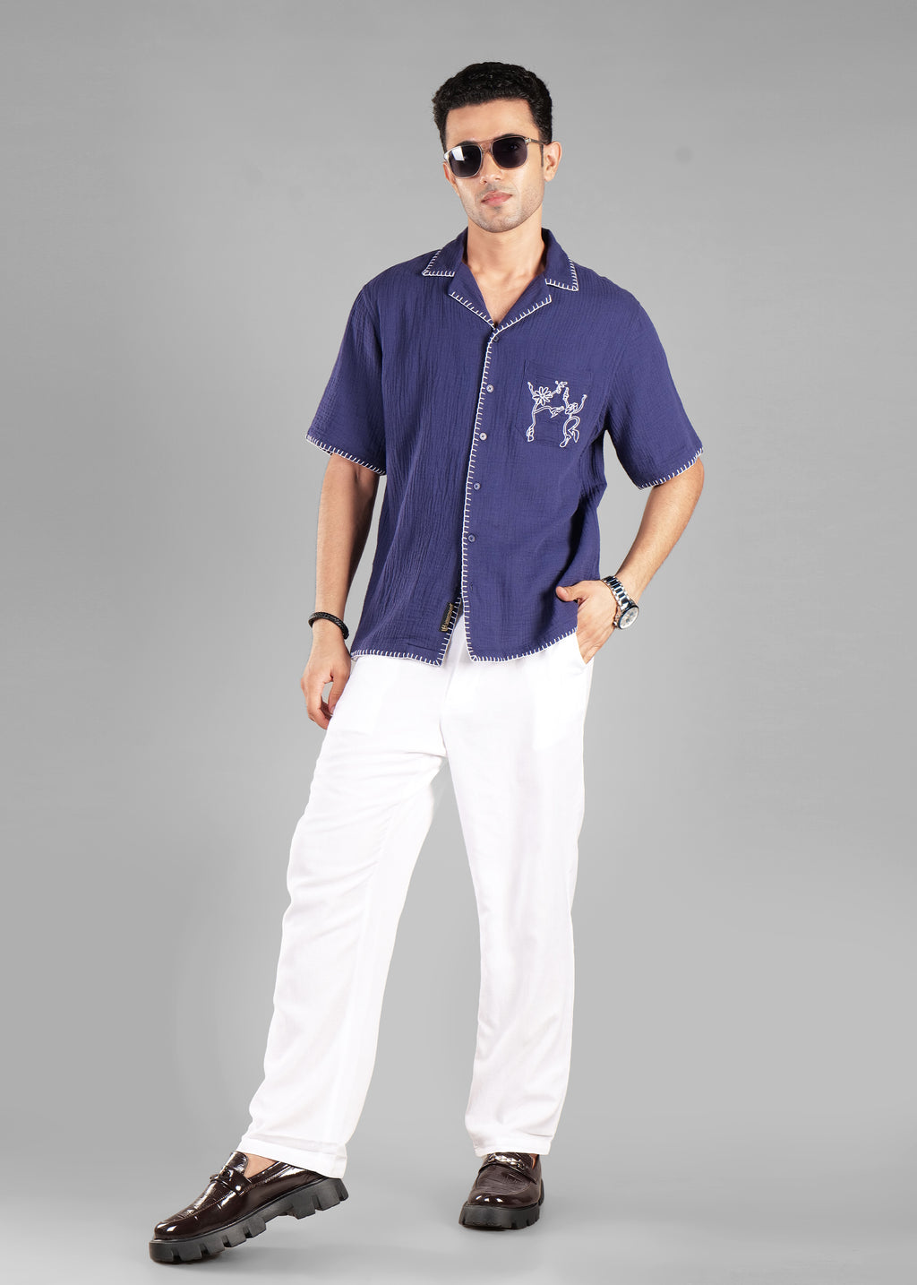 Navy Embroidered Cuban Collar Shirt for Men