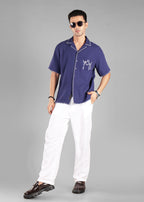 Navy Embroidered Cuban Collar Shirt for Men