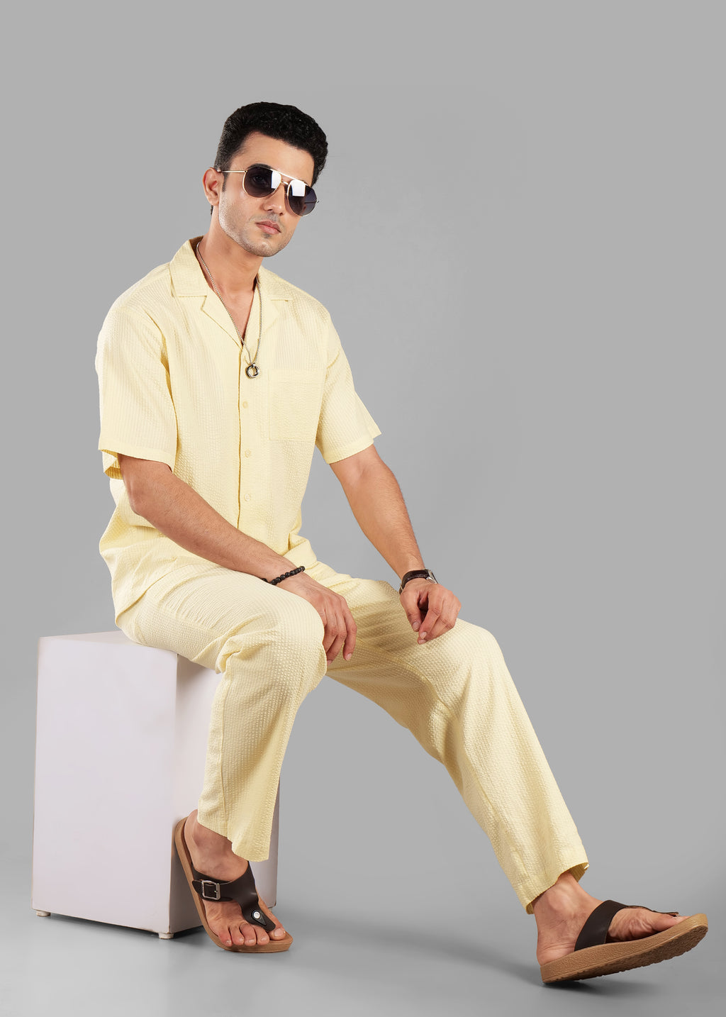Butter Yellow Textured Cuban Collar Co-ord Set for Men | Stay Unhynged