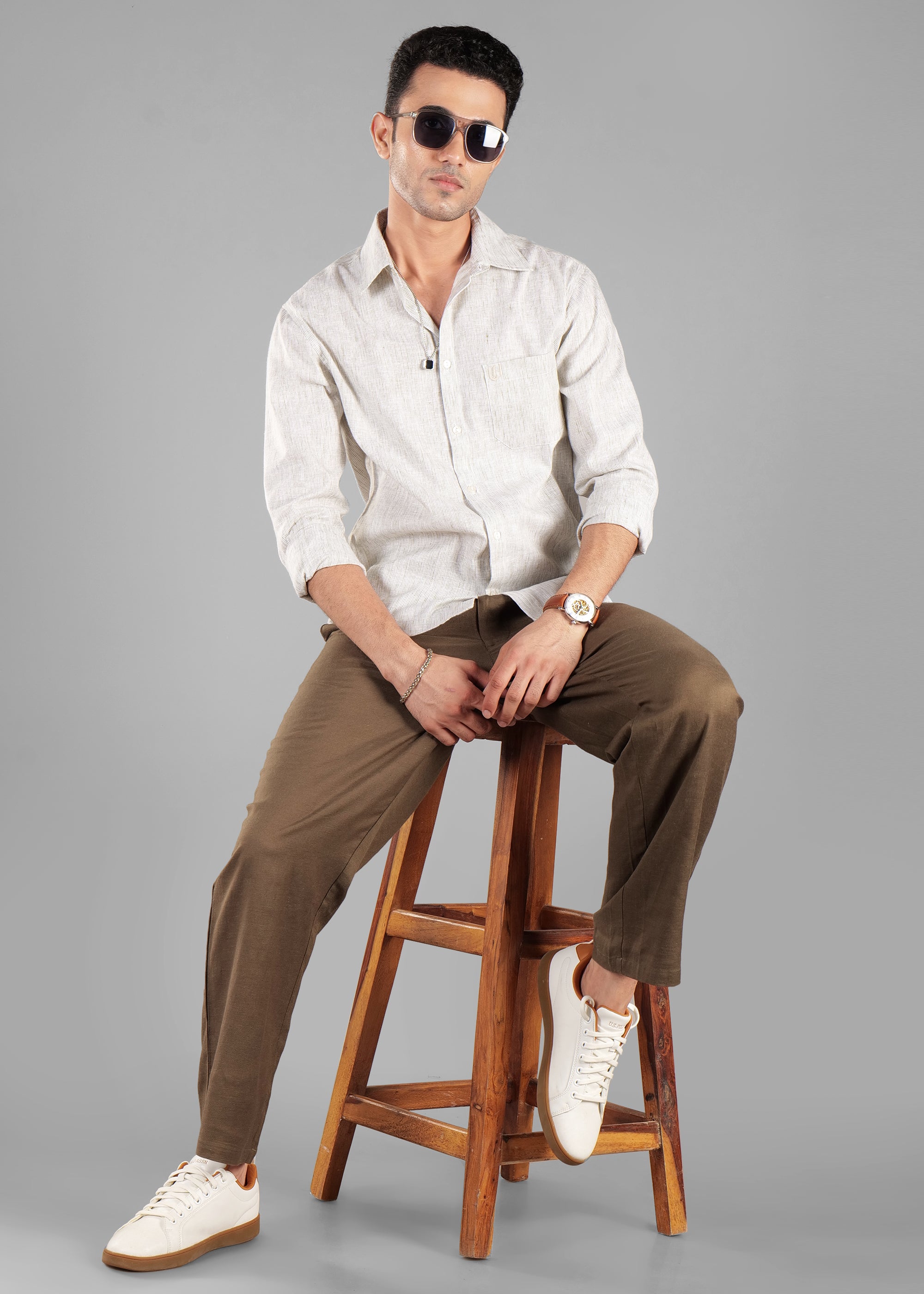 Olive Linen-Blend Striped Shirt for Men