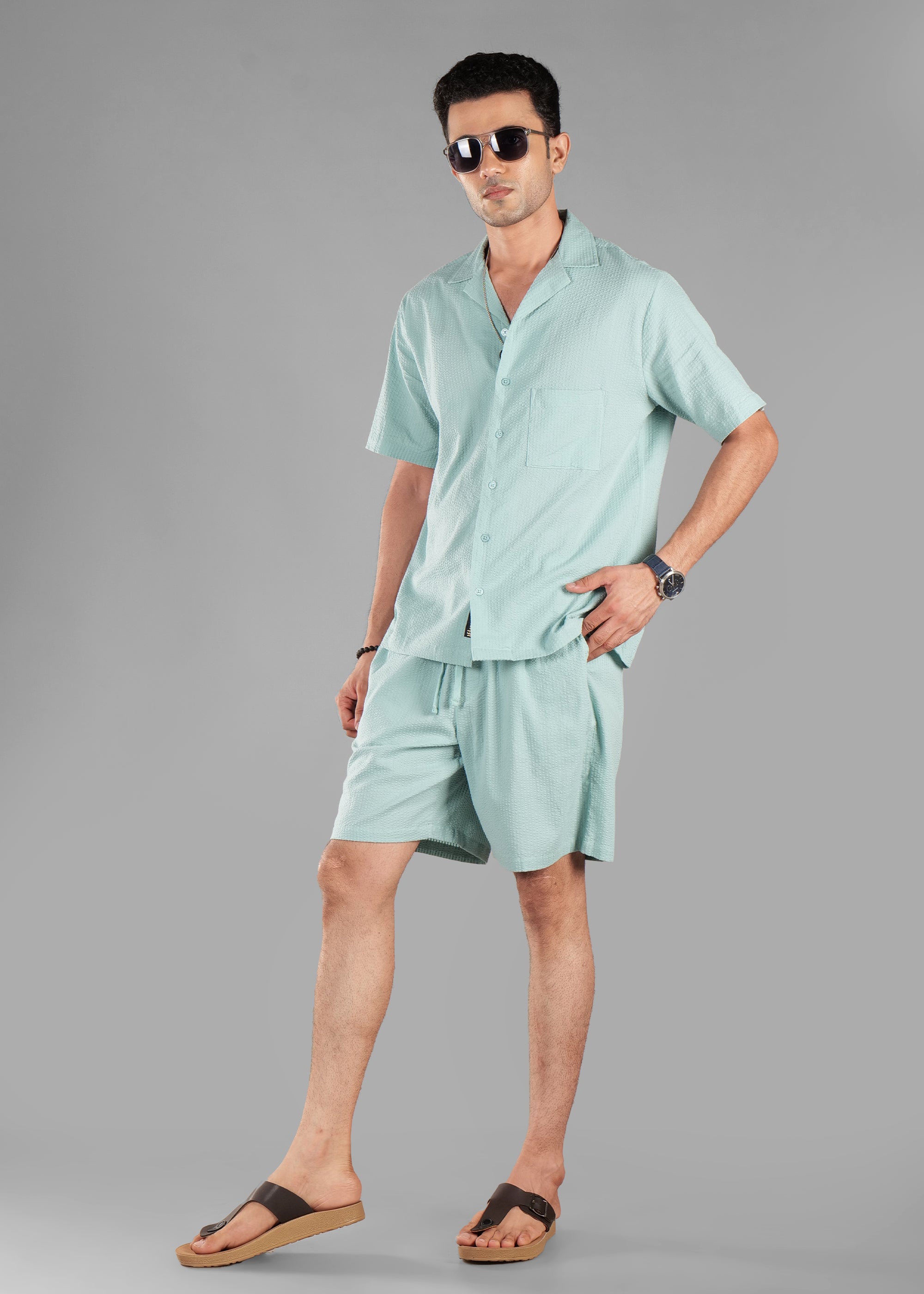 Granite Green textured Cuban Collar Co-ord Set