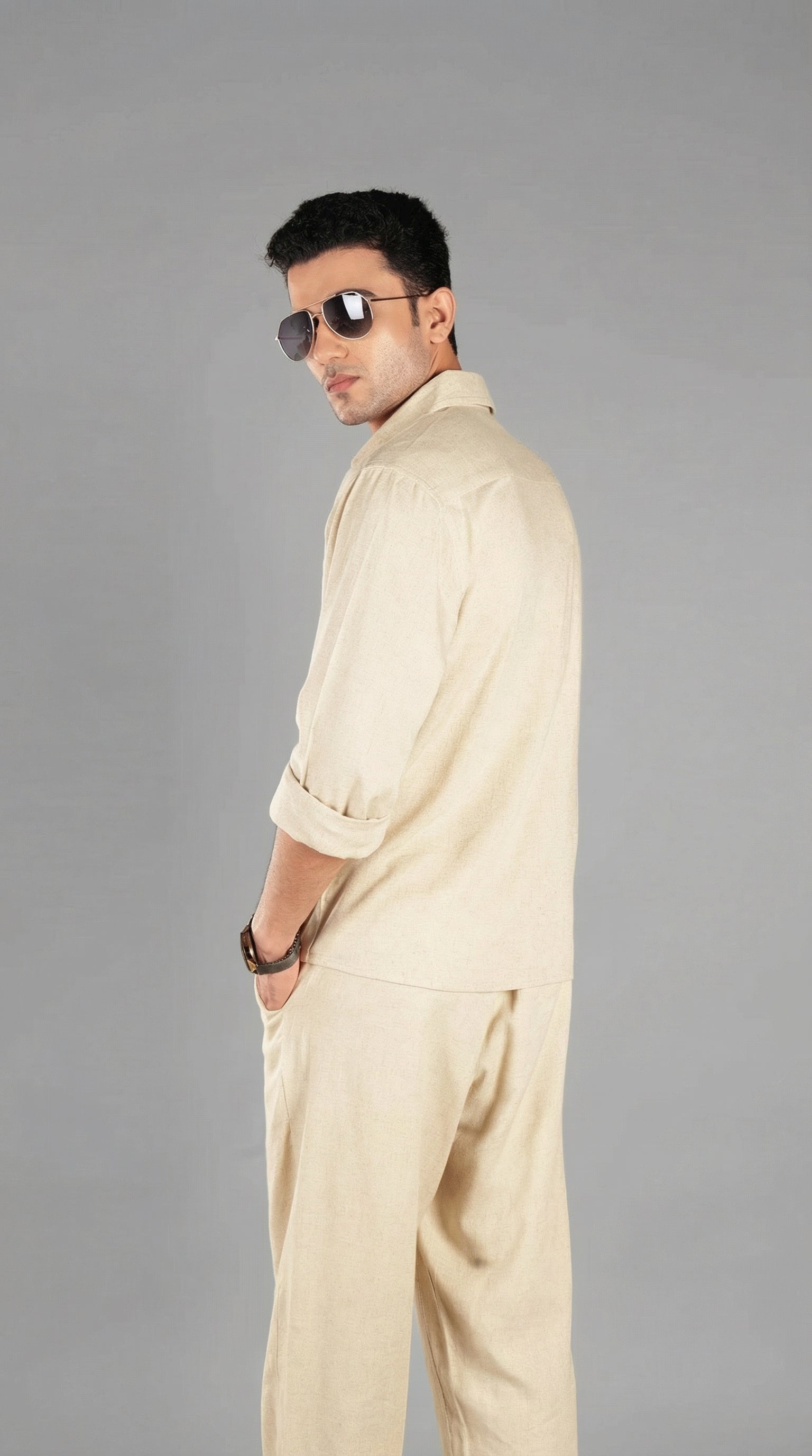 Beige Linen-Blend Classic Shirt for Men
