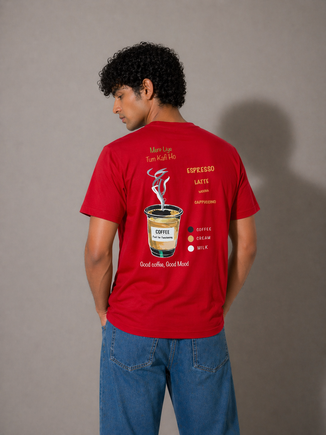 Men’s Red Graphic Tee with Coffee Print – Trendy Casual T-Shirt