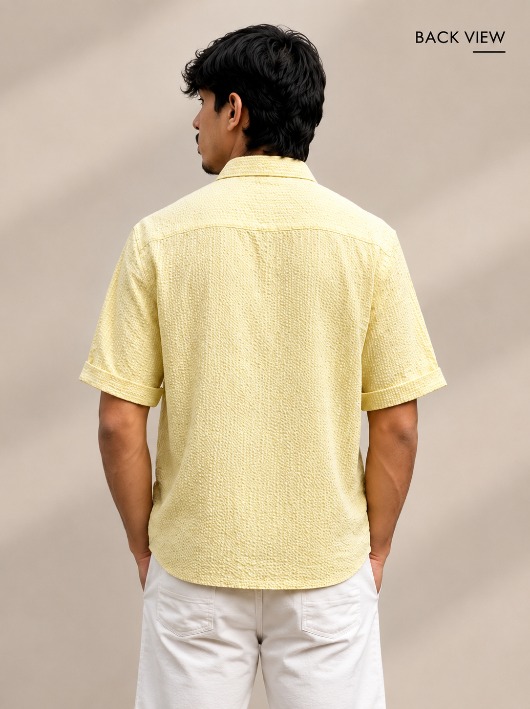 yellow seersucker half sleeve shirt