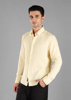 Butter Yellow Long Sleeve Crinkled Cotton Shirt for Men