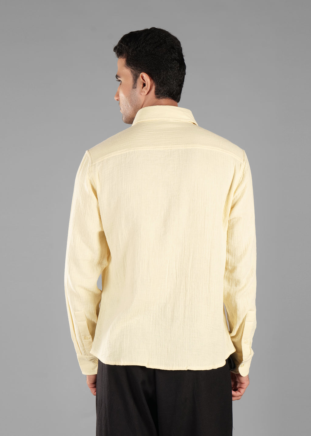Butter Yellow Long Sleeve Crinkled Cotton Shirt for Men