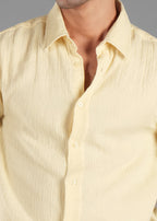 Butter Yellow Long Sleeve Crinkled Cotton Shirt for Men