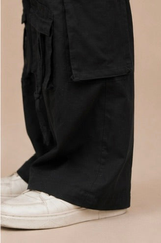 Men's Black Cargo Pants – Wide Leg Multi-Pocket Cargo Trousers Down Side view 