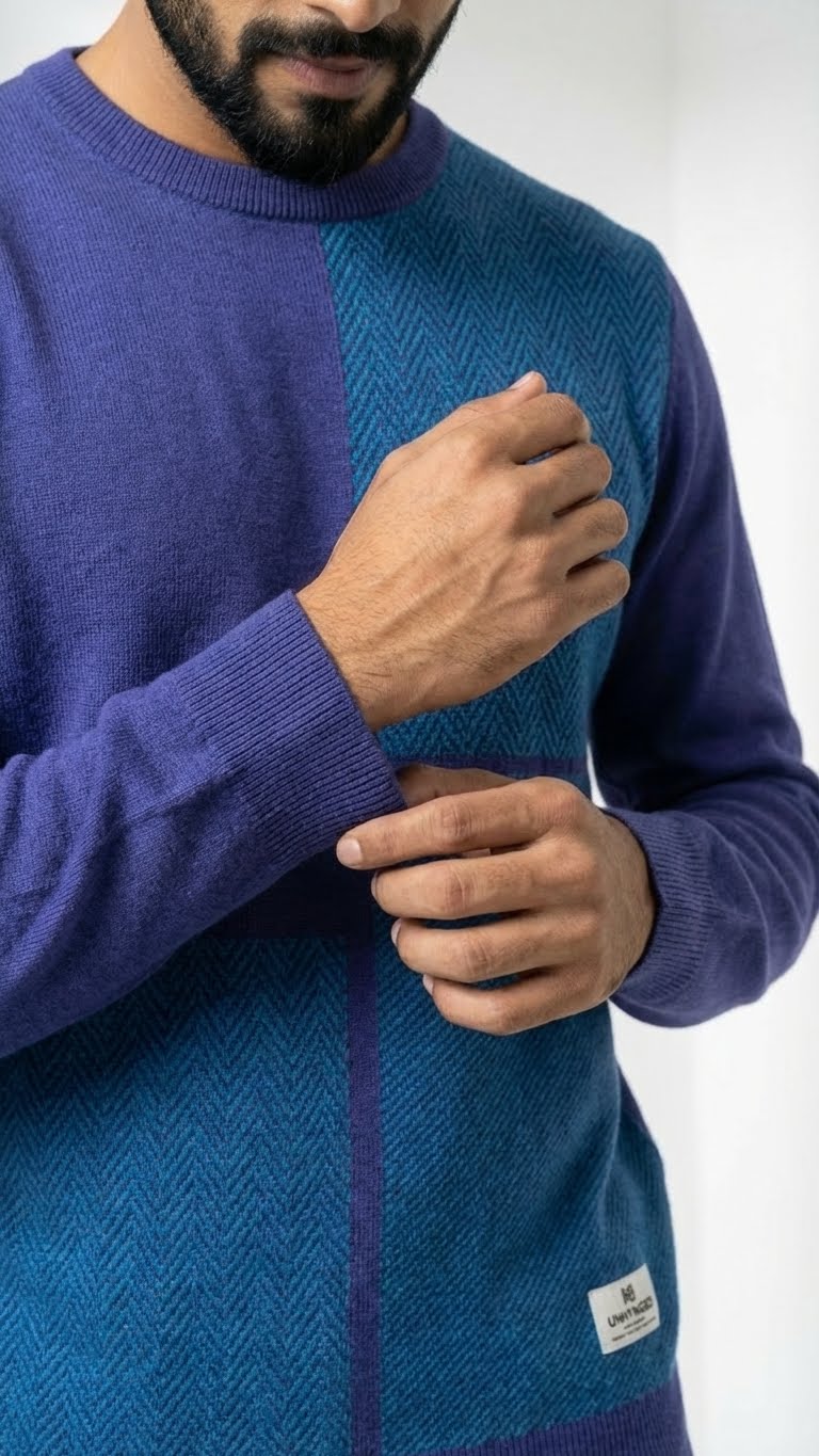 Prussian Blue Cotton Pullover for Men