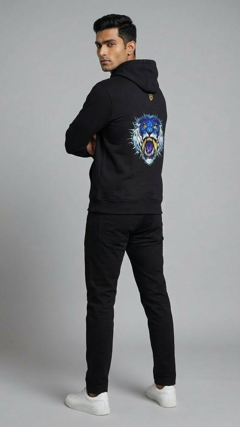 Black Blue Sabertooth Graphic Hoodie for Men