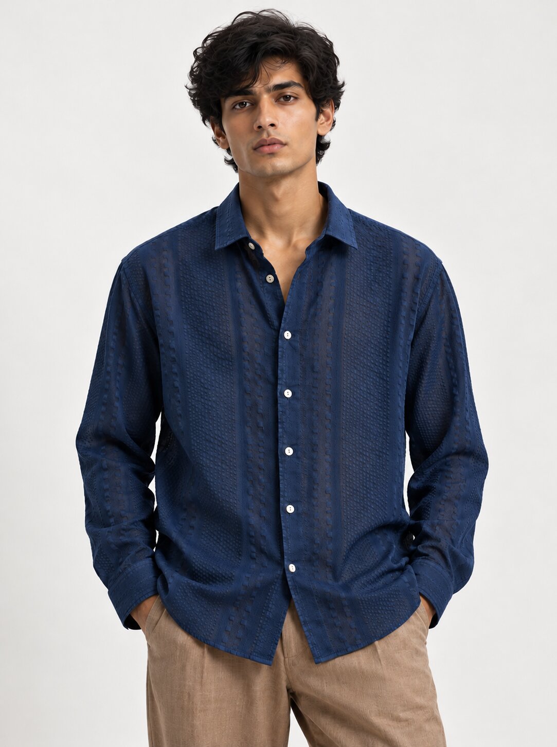 Ucha Neecha Navy Blue Seersucker Sheer Shirt
