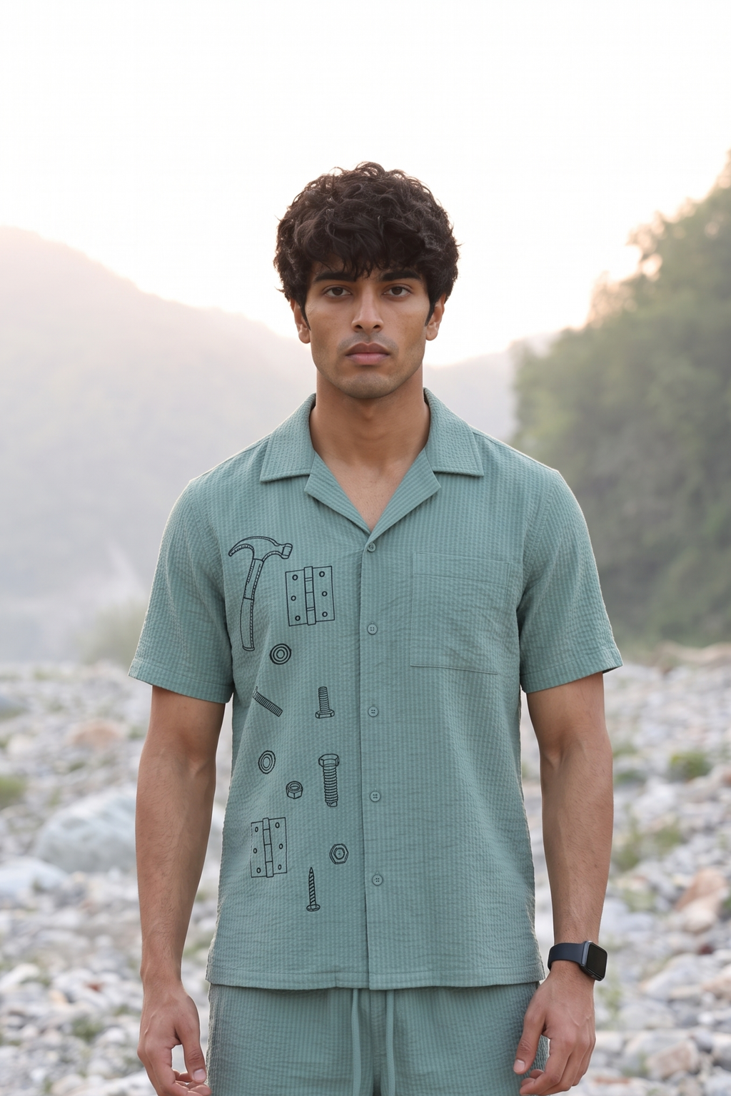 Granite Green Hynges Seersucker Textured Cuban Collar Shirt for Men