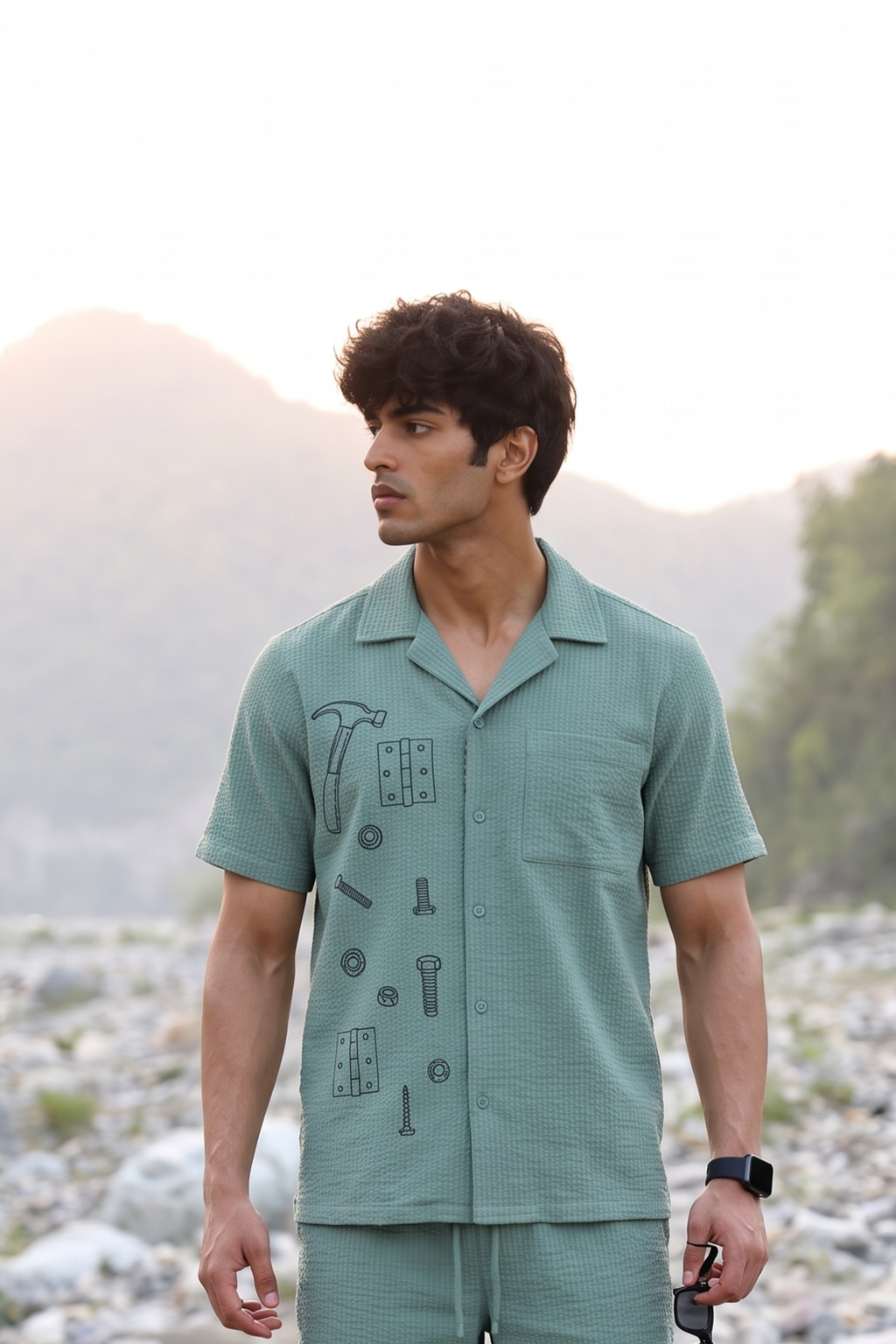 Granite Green Hynges Seersucker Textured Cuban Collar Shirt for Men