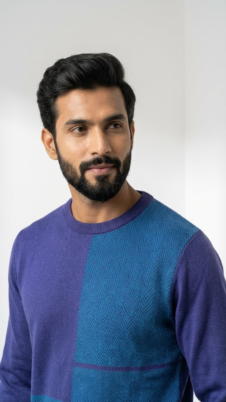 Prussian Blue Cotton Pullover for Men