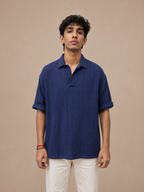 Men's Blue Woven Polo T-Shirt – Textured Half Sleeve Casual Shirt