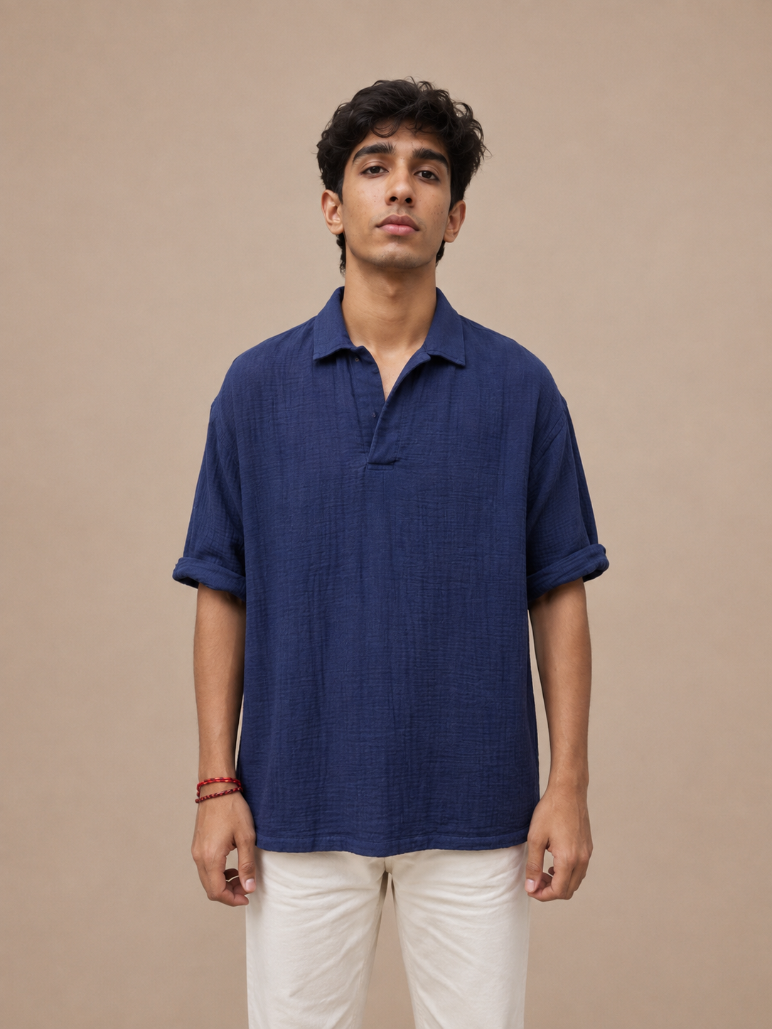 Men's Blue Woven Polo T-Shirt – Textured Half Sleeve Casual Shirt