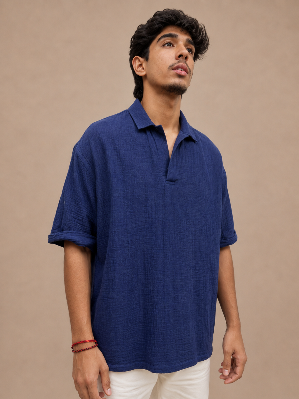 Men's Blue Woven Polo T-Shirt – Textured Half Sleeve Casual Shirt