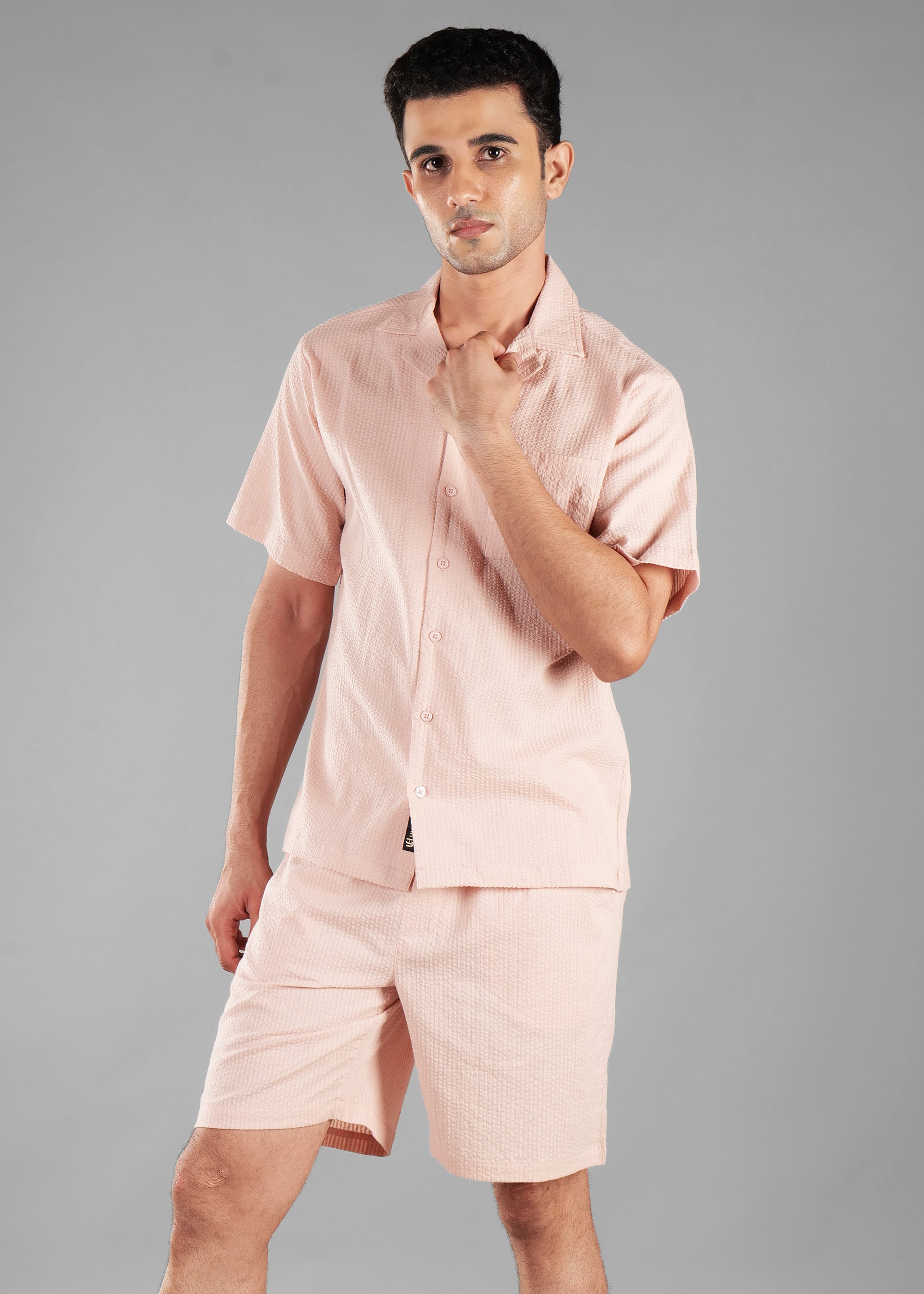 Rosy Brown Textured Cuban Collar Co-ord Set