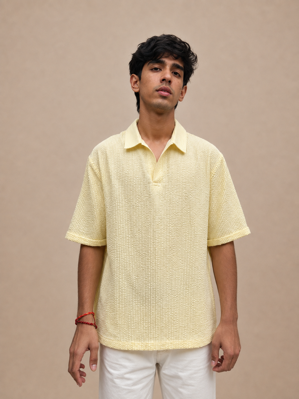Men's Yellow Seersucker Textured Polo T-Shirt